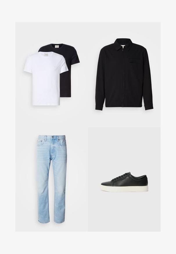 Black long-sleeve shirt featuring a collared neckline, front zip closure, and a chest pocket. Made of textured fabric with a relaxed fit.; Two crew-neck t-shirts, one white and one black, made of soft cotton. Both have a plain design and a small logo on the chest.; Light blue denim jeans with a straight leg cut, featuring faded sections, five-pocket design, and a classic button fly.; Black leather sneakers with perforated texture, round toe, and flat white rubber sole. Features black laces and a subtle logo on the side.