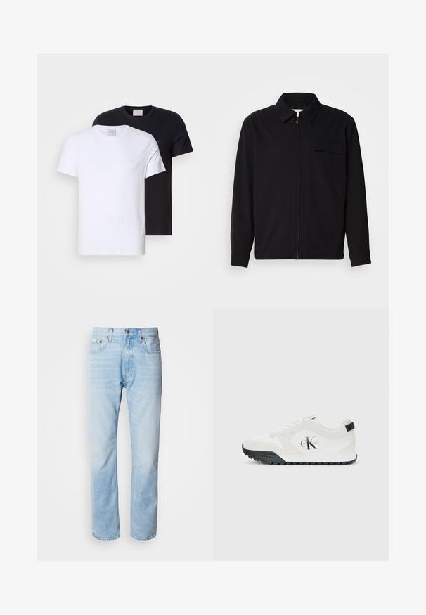 Black long-sleeve shirt featuring a collared neckline, front zip closure, and a chest pocket. Made of textured fabric with a relaxed fit.; Two crew-neck t-shirts, one white and one black, made of soft cotton. Both have a plain design and a small logo on the chest.; Light blue denim jeans with a straight leg cut, featuring faded sections, five-pocket design, and a classic button fly.; Calvin Klein white sneaker with black sole, suede and mesh panels, CK logo on side, and Calvin Klein branding on heel and sole.