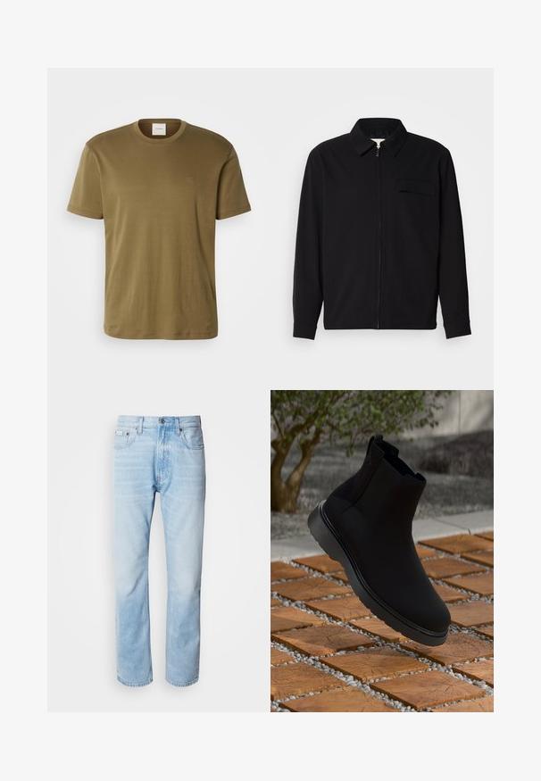 Must valgade varrukatega must särk, millel on krae, ees tõmbluku sulgemine ja rinna tasku. Valmistatud tekstuurilisest kangast ning mugav lõige.; Oliivroheline puuvillane T-särk ümarate kaelustega, lühikeste varrukatega ja rinnal väikese tikandiga logoga. Silky tekstuur ja mugav lõige.; Heledad sinine denimhääl, sirge sääre lõikega, millel on pleekinud osad, viie tasku disain ja klassikaline nööbivärk.; Mustad mustankott, mis on valmistatud siledast materjalist, peente õmblustega, kummitald ja stiilne disain, asetatud puidustruktuuriga pinna kohale.