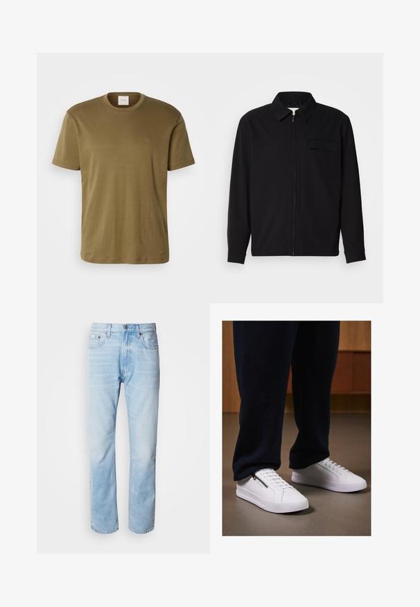 Musta pitkähihaine paita, jossa on kauluksellinen kaulus, edessä vetoketju ja rintatasku. Valmistettu teksturoidusta kankaasta, jossa on rento istuvuus.; Oliivinvihreä puuvillainen T-paita, jossa on pyöreä kaula-aukko, lyhyet hihat ja pieni brodeerattu logo rinnassa. Sujuva tekstuuri ja rento istuvuus.; Vaaleansiniset farkut suoranlahkeisella leikkauksella, joissa on haalistuneita kohtia, viisi taskua ja klassinen nappisuljenta.; Valkoiset tennarit, joissa on sileä nahkapinta, litteä pohja ja nauhakiinnitys. Sivuvetoketju tuo lisää käytännöllisyyttä. Yhdistettynä tummiin collegehousuihin.
