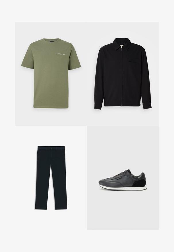 Musta pitkähihaine paita, jossa on kauluksellinen kaulus, edessä vetoketju ja rintatasku. Valmistettu teksturoidusta kankaasta, jossa on rento istuvuus.; Oliivinvihreä puuvillapaita, jossa on lyhyet hihat ja pyöreä kaula-aukko. Vasemman rinnuksen alueella valkoinen logopainatus. Silkkinen pinta.; Tummansinisiä chinos-housuja, jotka on valmistettu puuvillasekoitteesta. Niissä on vyölenkit, etutaskut sekä vetoketjulla varustettu nappisulku.; Mustat urheilukengät, joissa on nahkainen yläosa, lävistyksillä, mokkanahka-akselit ja valkoinen kumipohja. Klassinen nauhoitussuunnittelu.
