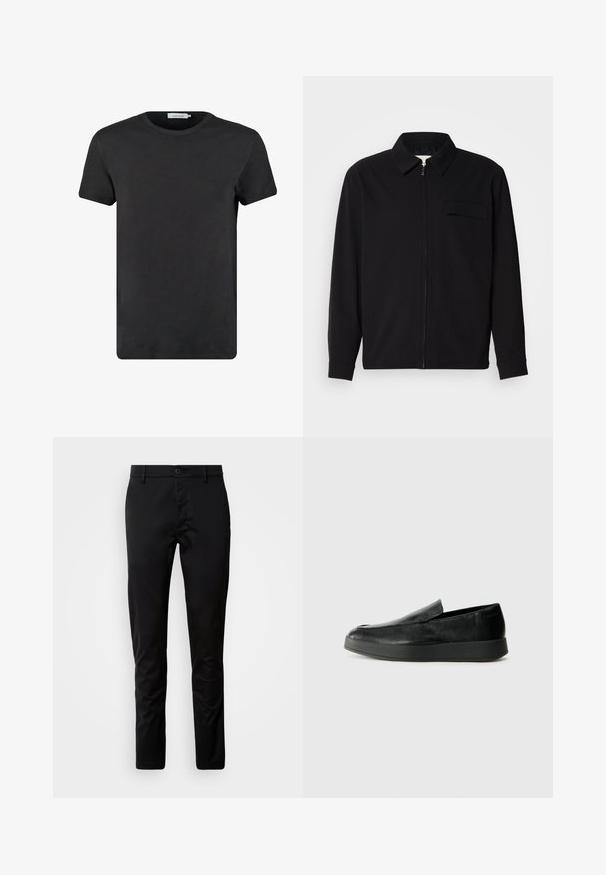 Fekete, hosszú ujjú póló, gallérral, elülső cipzárral és mellzsebbel. Texturált anyagból készült, laza szabású.; Fekete pamut póló kerek nyakkivágással és rövid ujjakkal. Az anyag sima textúrájú, minták vagy díszítések nélkül. Normál szabású.; Fekete, slim fit nadrág, sima szövetből készült. Gombos derékrésszel és egyenes lábakkal rendelkezik.; Calvin Klein HYBRID CUP - Belebújós cipők - triple black