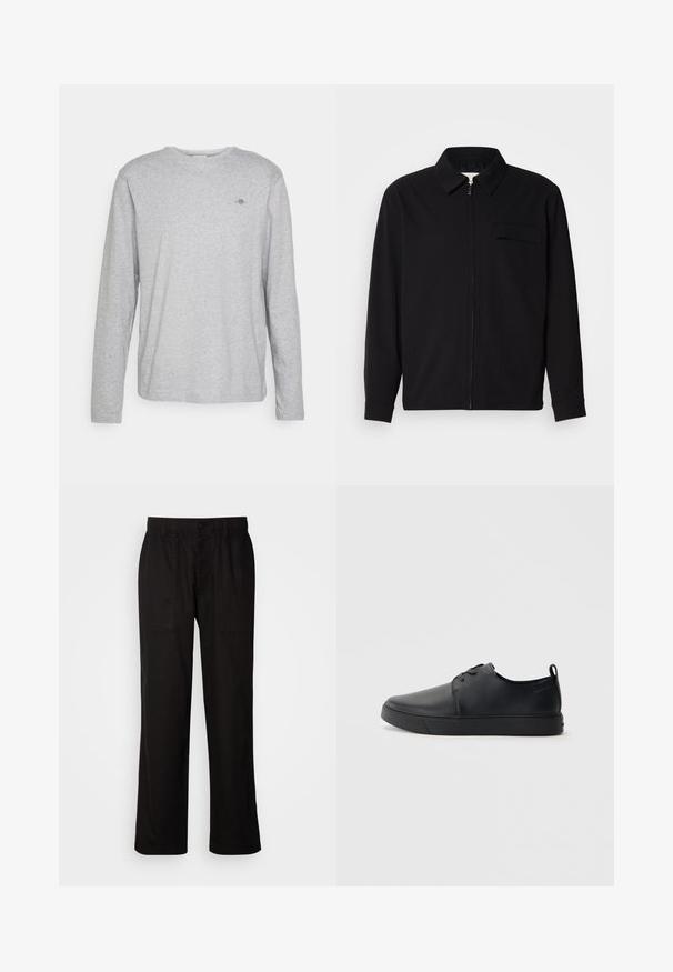 Sort langærmet skjorte med krave, frontlynlås og brystlomme. Lavet af struktureret stof med en afslappet pasform.; Langærmet grå bomulds T-shirt med rund hals og et lille broderet logo på brystet. Blød tekstur og afslappet pasform.; Sorte bukser med en afslappet pasform, lavet af letvægtsstof. Har elastisk talje, knaplukning og to forlommer.; Sorte lædersneakers med en glat finish, rund tå, tonalt syning, snøring foran og en flad gummisål. Løkke ved hælen.