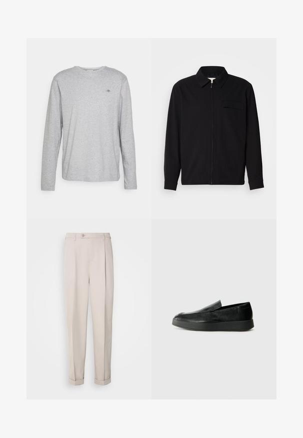 Črna dolgoročna majica z ovratnikom, sprednjim zadrgo in žepom na prsih. Narejena iz teksturirane tkanine z sproščenim krojem.; Siva bombažna majica z dolgimi rokavi, krožnim izrezom in majhnim vezenim logotipom na prsih. Mehak otip in sproščen kroj.; Bež hlače iz gladkega blaga, s ravnim krojem, enim naborkom in zavihanimi manšetami. Vključujejo zapiranje z gumbom spredaj.; Calvin Klein HYBRID CUP - Čevlji brez vezalk - triple black