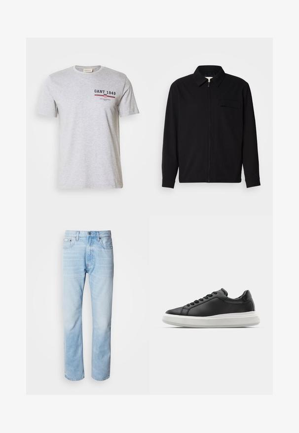 Black long-sleeve shirt featuring a collared neckline, front zip closure, and a chest pocket. Made of textured fabric with a relaxed fit.; Gray cotton t-shirt with short sleeves, round neckline, and printed text in navy and red. Features a logo and horizontal stripes.; Light blue denim jeans with a straight leg cut, featuring faded sections, five-pocket design, and a classic button fly.; Black leather sneaker with a smooth finish, white rubber sole, rounded shape, six eyelets for laces, and subtle branding on the heel.