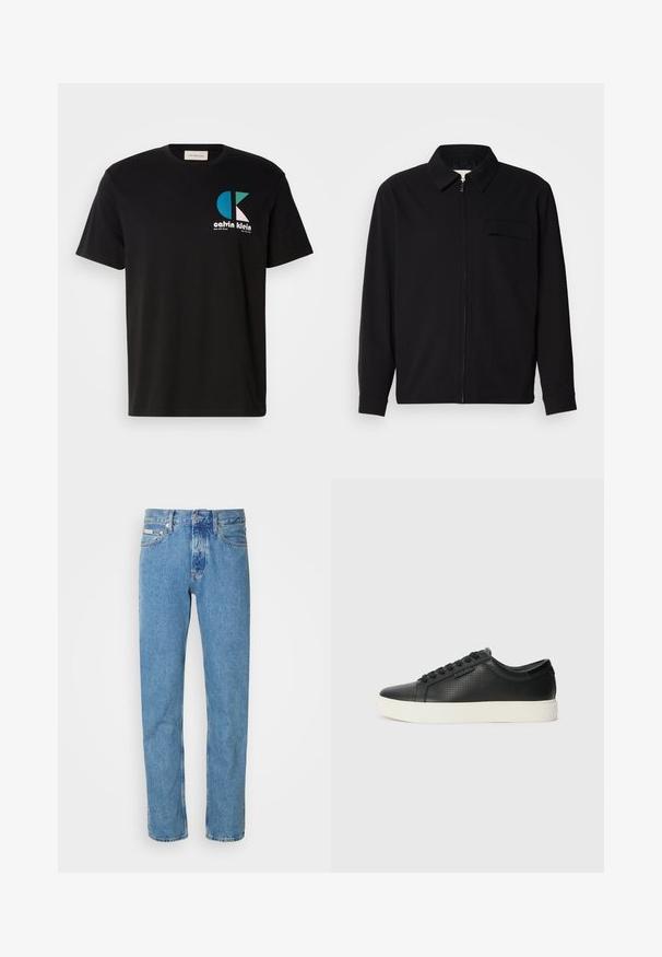 Sort langærmet skjorte med krave, frontlynlås og brystlomme. Lavet af struktureret stof med en afslappet pasform.; Sort bomulds T-shirt med et grafisk design, der har logoet "calvin klein" i hvid, teal og pink. Rund halsudskæring og korte ærmer.; Lysblå denimjeans med straight-leg snit, der har et klassisk fem-lommes design og en knaplukning i taljen. Ingen bemærkelsesværdige mønstre.; Sorte lædersneakers med perforeret tekstur, rund tå og flad hvid gummisål. Har sorte snørebånd og et subtilt logo på siden.