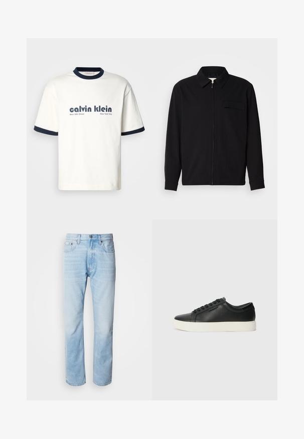 Black long-sleeve shirt featuring a collared neckline, front zip closure, and a chest pocket. Made of textured fabric with a relaxed fit.; White cotton T-shirt with navy blue ribbed collar and sleeves. Features bold black text: "calvin klein West 39th Street New York City."; Light blue denim jeans with a straight leg cut, featuring faded sections, five-pocket design, and a classic button fly.; Black leather sneakers with perforated texture, round toe, and flat white rubber sole. Features black laces and a subtle logo on the side.