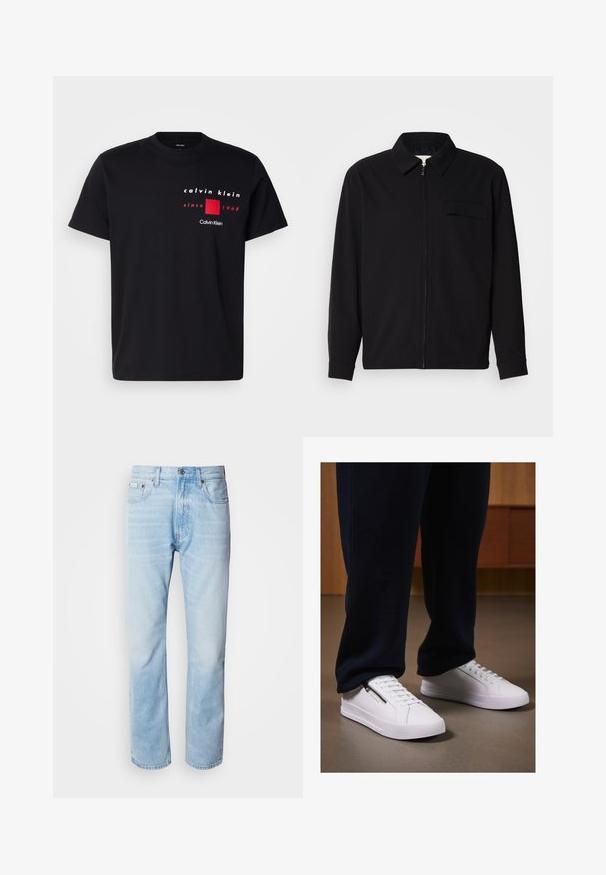 Zwarte lange mouwen shirt met een kraaghals, voorste rits sluiting en een borstzak. Gemaakt van een gestructureerde stof met een relaxte pasvorm.; Zwarte katoenen T-shirt met een gedrukt grafisch ontwerp in het wit en rood, inclusief tekst zoals "Calvin Klein" en "sinds 1968" boven een rode vierkant.; Lichtblauwe denim jeans met een rechte pijp, met vervaagde delen, vijf-pocket ontwerp en een klassieke knoopsluiting.; Witte sneakers met een gladde leren afwerking, platte zool en vetersluiting. Zijdelingse ritsdetail voegt functionaliteit toe. Gecombineerd met donkere joggers.