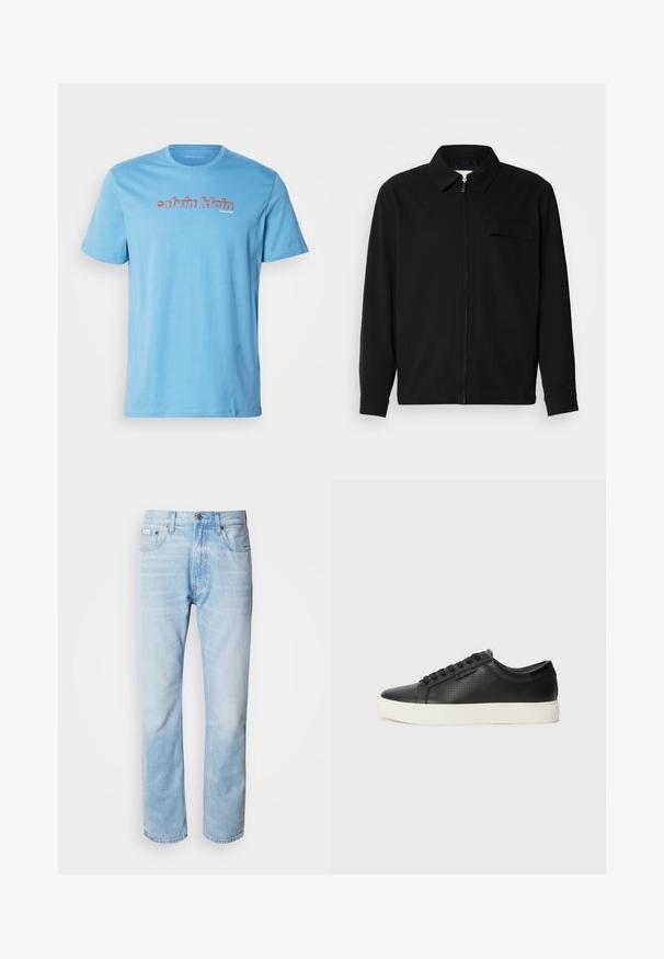 Svart langermet skjorte med krage, frontlås og brystlomme. Laget av teksturert stoff med en avslappet passform.; Lyseblå bomulls t-skjorte med korte ermer og rund hals, med en tydelig "calvin klein" logo på brystet i rødt.; Lyseblå denimjeans med strak benkutt, med falmede seksjoner, femlommerdesign og en klassisk knappestol.; Sorte lær sneakers med perforert tekstur, rund tå og flat hvit gummisåle. Har sorte snørebånd og en subtil logo på siden.