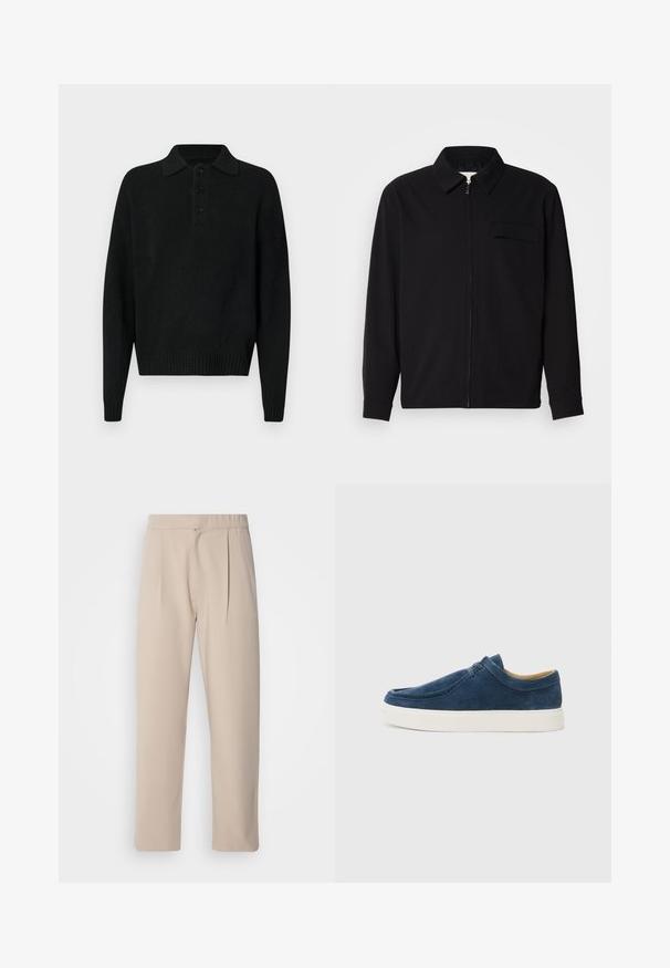 Zwarte lange mouwen shirt met een kraaghals, voorste rits sluiting en een borstzak. Gemaakt van een gestructureerde stof met een relaxte pasvorm.; Zwarte lange mouwen gebreide trui met kraag en drie knopen op de borst, geribde manchetten en zoom, weergegeven op een witte achtergrond.; Beige, geplooide broeken van zachte stof. Voorzien van een elastische tailleband, rechte pijpen en een gladde textuur. Geen zakken of accenten.; Marineblauwe suède instappers met een witte rubberen zool, voorzien van stikdetails en een ronde neus. Over het geheel een gladde textuur.