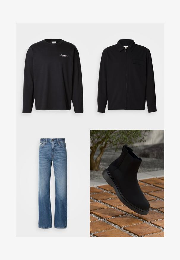 Schwarzes Langarmshirt mit Kragen, Frontreißverschluss und Brusttasche. Aus strukturiertem Stoff mit entspannter Passform.; Schwarzes Langarm-T-Shirt aus Baumwolle mit Rundhalsausschnitt. Merkmale ein weißes Logo auf der linken Brust und einen lockeren Schnitt. Glatte Textur.; Blaue Denim-Jeans mit geradem Bein, hoher Taille und dezenten Ausbleichungen. Sie verfügen über einen Knopf- und Reißverschluss sowie ein klassisches Fünf-Taschen-Design.; Schwarze Knöchelstiefel aus glattem Material mit subtilen Nähten, einer Gummisohle und einem eleganten Design, platziert auf einer Oberfläche mit Holzstruktur.