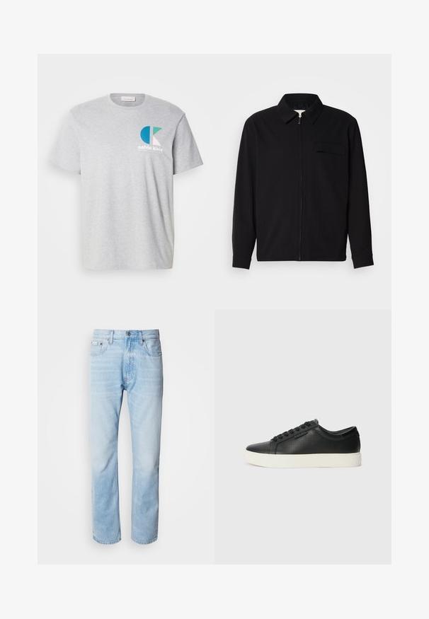 Camisa preta de manga longa com gola, fecho frontal com zíper e bolso no peito. Feita de um tecido texturizado com um corte descontraído.; T-shirt de algodão cinza com um logo multicolorido da Calvin Klein no lado esquerdo do peito, com mangas curtas e um clássico decote redondo.; Jeans de ganga azul clara com corte reto, apresentando seções desbotadas, design de cinco bolsos e um fecho clássico com botão.; Sneakers de couro preto com textura perfurada, bico redondo e sola de borracha branca plana. Apresenta atacadores pretos e um logótipo discreto na lateral.