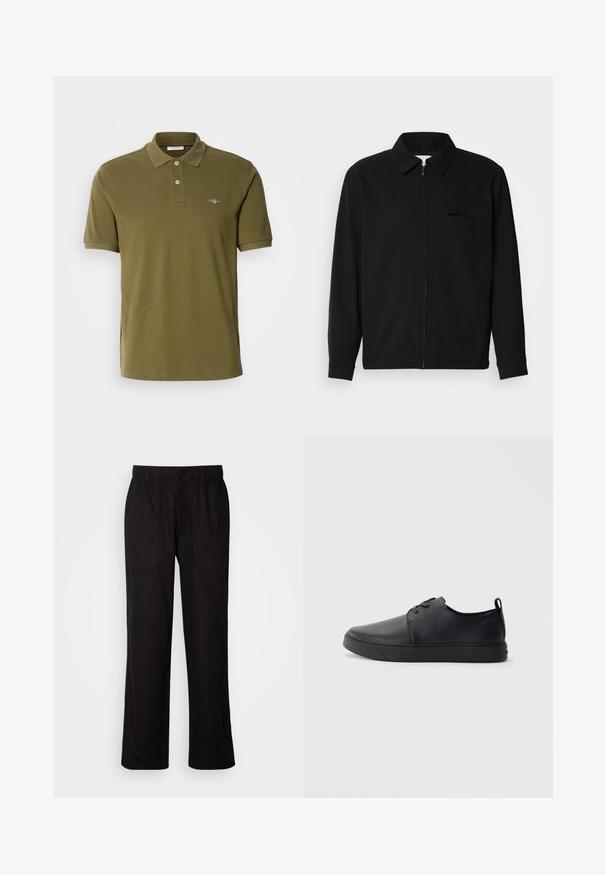 Svart langermet skjorte med krage, frontlås og brystlomme. Laget av teksturert stoff med en avslappet passform.; Olivengrønn polo skjorte laget av bomull, med en tre-knapp placket, korte ermer og en brodert logo på venstre bryst.; Svart bukser med avslappet passform, laget av lett stoff. Har elastisk midjebånd, knapplukking og to frontlommer.; Svart lær sneakers med glatt overflate, rund tå, tonede sømmer, snøring foran og flat gummisåle. Løkke på hælen.