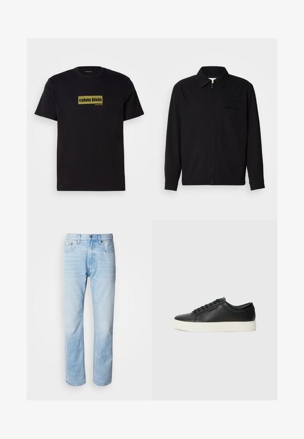 Svart långärmad skjorta med krage, framfickslås och bröstficka. Tillverkad av strukturerad tyg med avslappnad passform.; Svart bomullströja med korta ärmar, med en rektangulär grön logotyp som har texten "calvin klein" och "new york city" i fet stil.; Ljusblå denimjeans med rak benprofil, som har blekta sektioner, femficksdesign och en klassisk knäppning.; Svarta lädersneakers med perforerad textur, rund tå och platt vit gummisula. Har svarta snören och en diskret logotyp på sidan.