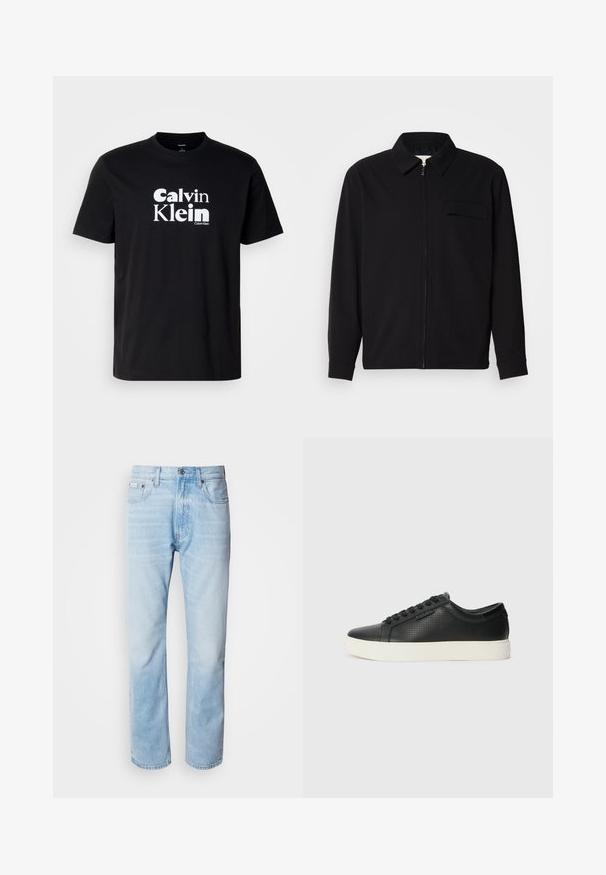 Black long-sleeve shirt featuring a collared neckline, front zip closure, and a chest pocket. Made of textured fabric with a relaxed fit.; Black cotton T-shirt featuring a prominent white "Calvin Klein" logo, crew neck, short sleeves, and a standard fit.; Light blue denim jeans with a straight leg cut, featuring faded sections, five-pocket design, and a classic button fly.; Black leather sneakers with perforated texture, round toe, and flat white rubber sole. Features black laces and a subtle logo on the side.