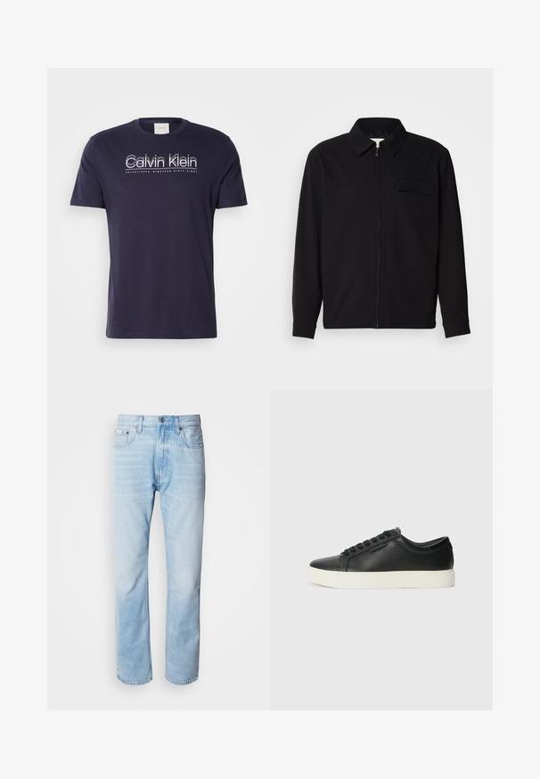 Juodas ilgomis rankovėmis marškinis, turintis apykaklės iškirptę, priekinį užtrauktuką ir krūtinės kišenę. Pagamintas iš tekstūruoto audinio, turinčio laisvą kirpimą.; Jūrinės spalvos medvilnės marškinėliai su trumpomis rankovėmis, apvaliu kaklu ir balta Calvin Klein logotipu su užrašu "ĮKURTA ŠEŠIASDEŠIMT Aštunt".; Šviesiai mėlyni džinsai su tiesiomis kojomis, puošti išblukusių vietų, penkių kišenių dizainu ir klasikiniu mygtukų užsegimu.; Juodi odiniai sportbačiai su perforuotu paviršiumi, apvaliu pirštu ir plokščiu baltu guminiu padu. Yra juodos raišteliai ir subtili logotipo detalė šone.