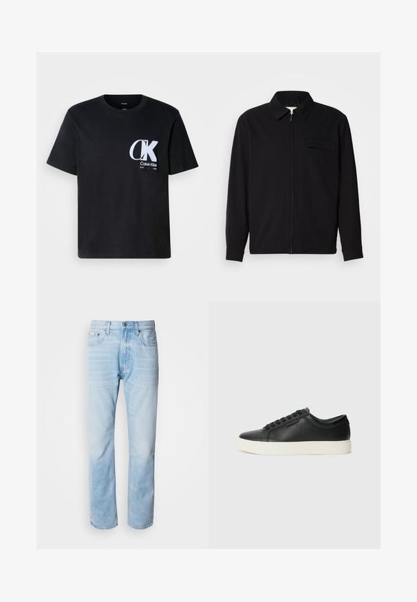 Juodas ilgomis rankovėmis marškinis, turintis apykaklės iškirptę, priekinį užtrauktuką ir krūtinės kišenę. Pagamintas iš tekstūruoto audinio, turinčio laisvą kirpimą.; Juodas medvilninis marškinėlis su trumpomis rankovėmis, apvaliu kaklu, su baltu "CK" logotipu kairėje krūtinės pusėje. Lygus paviršius, tiesus apatinis kraštas.; Šviesiai mėlyni džinsai su tiesiomis kojomis, puošti išblukusių vietų, penkių kišenių dizainu ir klasikiniu mygtukų užsegimu.; Juodi odiniai sportbačiai su perforuotu paviršiumi, apvaliu pirštu ir plokščiu baltu guminiu padu. Yra juodos raišteliai ir subtili logotipo detalė šone.