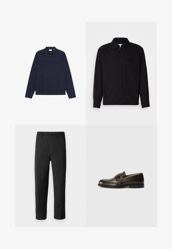 Svart langermet skjorte med krage, frontlås og brystlomme. Laget av teksturert stoff med en avslappet passform.; Marineblå langermet bomullspolo med krage, med tre knapper foran og en enkel tekstur. Ingen synlige mønstre eller detaljer.; Sorte bukser med rett snitt, laget av glatt stoff. Har knappelukking og beltehemper. Ingen synlige mønstre eller accenter.; Calvin Klein Slippers - cocoa brown
