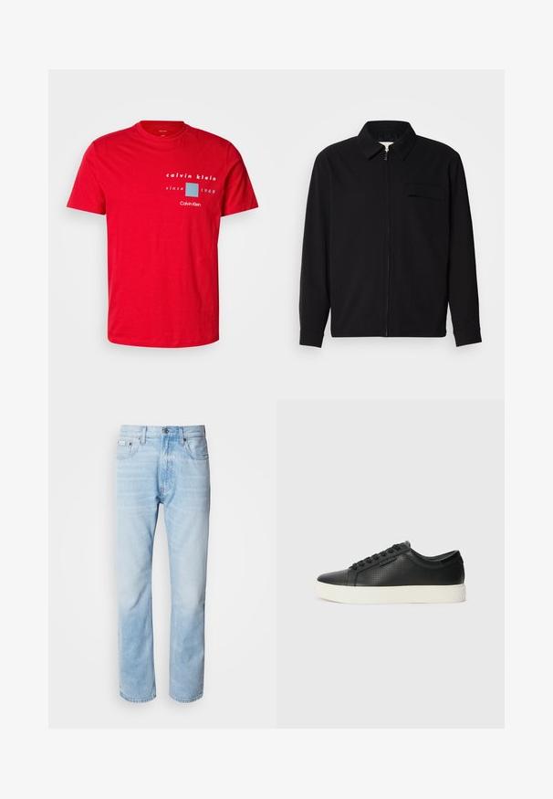 Juodas ilgomis rankovėmis marškinis, turintis apykaklės iškirptę, priekinį užtrauktuką ir krūtinės kišenę. Pagamintas iš tekstūruoto audinio, turinčio laisvą kirpimą.; Raudona medvilninė marškinė su apvaliu kaklu, trumpomis rankovėmis ir baltai bei mėlynai spausdinta logotipo dizainu, su tekstu „nuo 1968 m.“; Šviesiai mėlyni džinsai su tiesiomis kojomis, puošti išblukusių vietų, penkių kišenių dizainu ir klasikiniu mygtukų užsegimu.; Juodi odiniai sportbačiai su perforuotu paviršiumi, apvaliu pirštu ir plokščiu baltu guminiu padu. Yra juodos raišteliai ir subtili logotipo detalė šone.