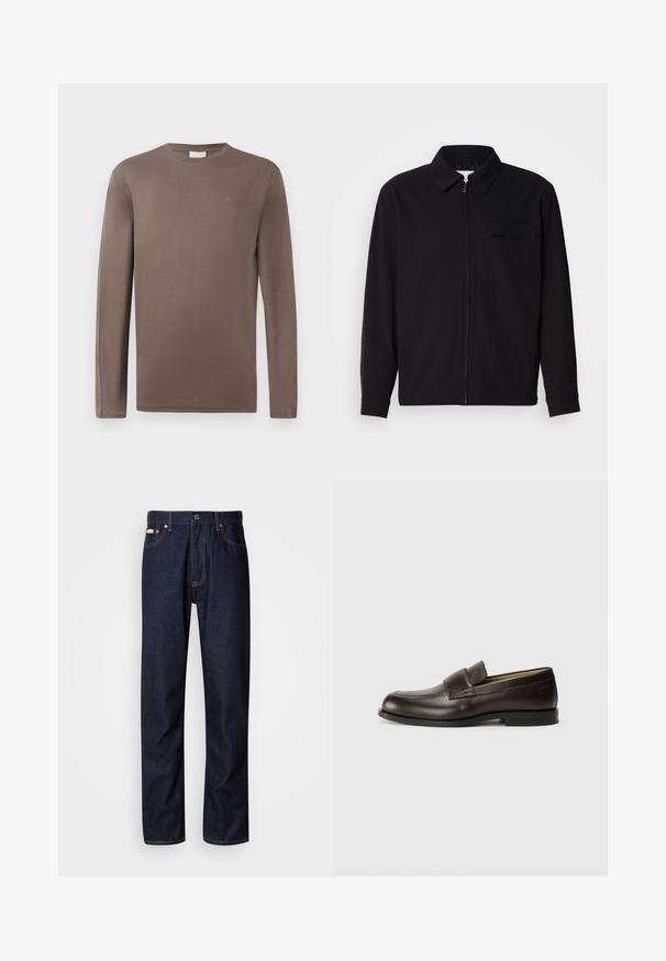 Melna garām piedurknēm krekls ar apkakles izgriezumu, priekšējo rāvējslēdzēju un krūšu kabatu. Izgatavots no teksturēta auduma ar brīvu piegriezumu.; Garā piedurkne brūna kokvilnas T-kreklu ar apaļu kaklu; uz krūtīm ir maza logo un tas ir ar gludu, vieglu tekstūru.; Tumši zilie džinsi ar taisnas kājas piegriezumu, ar pogu aizdari, pieciem kabatām un kontrastējošām aizšuvēm.; Calvin Klein Čības - cocoa brown