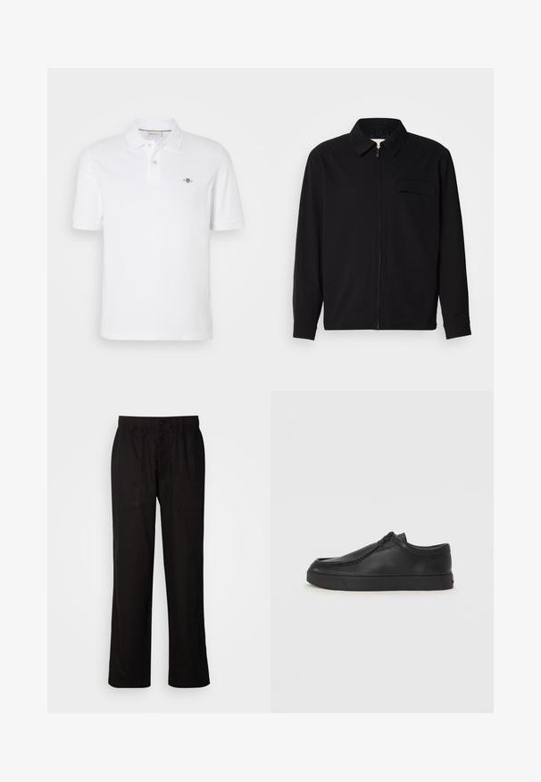 Černá dlouhá rukávová košile s límečkem, předním zipovým uzávěrem a kapsou na hrudi. Vyrobená z texturované tkaniny s uvolněným střihem.; Bílá polo košile vyrobená z bavlny, s klasickým límečkem, krátkými rukávy a malým vyšitým logem na levé hrudi.; Černé kalhoty s uvolněným střihem, vyrobené z lehké tkaniny. Mají elastický pas, knoflíkový uzávěr a dvě přední kapsy.; Černé kožené nazouvací boty s kulatou špičkou, prošitím a černou gumovou podrážkou. Hladký povrch s minimalistickým designem.