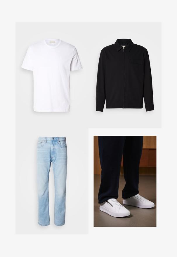 Svart langermet skjorte med krage, frontlås og brystlomme. Laget av teksturert stoff med en avslappet passform.; Hvit T-skjorte med korte ermer laget av myk bomull. Har en rund hals og en liten, subtil logo på brystet.; Lyseblå denimjeans med strak benkutt, med falmede seksjoner, femlommerdesign og en klassisk knappestol.; Hvite joggesko med en glatt lærfinish, flat såle og snøring. Sidelommer med glidelås gir funksjonalitet. Kombinert med mørke joggebukser.