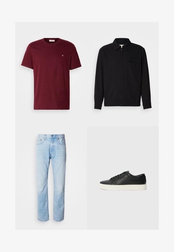 Cămașă neagră cu mânecă lungă, având guler, închidere cu fermoar pe față și buzunar pe piept. Fabricată dintr-un material texturat cu o croială lejeră.; Tricou burgund cu guler rotund, din bumbac, cu mâneci scurte și un mic logo alb pe pieptul stâng. Textură netedă.; Jeans din denim de culoare bleu deschis, cu croială dreaptă, prezentând secțiuni decolorate, design cu cinci buzunare și un sistem clasic de închidere cu buton.; Adidași din piele neagră cu textură perforată, vârf rotund și talpă plată din cauciuc alb. Au șireturi negre și un logo subtil pe lateral.
