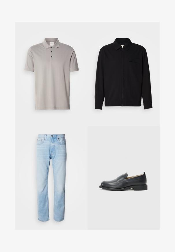 Camisa preta de manga longa com gola, fecho frontal com zíper e bolso no peito. Feita de um tecido texturizado com um corte descontraído.; Polo cinza de manga curta feito de tecido suave, apresentando um colarinho clássico e três botões pretos. Padrão riscado vertical sutil por todo o lado.; Jeans de ganga azul clara com corte reto, apresentando seções desbotadas, design de cinco bolsos e um fecho clássico com botão.; Mocassins de couro pretos com um acabamento suave, sola plana e bico arredondado, com uma tira decorativa atravessando a parte superior.