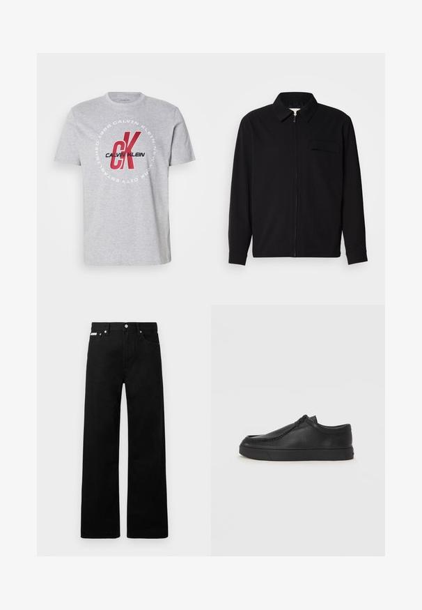 Must valgade varrukatega must särk, millel on krae, ees tõmbluku sulgemine ja rinna tasku. Valmistatud tekstuurilisest kangast ning mugav lõige.; Hallide hallast t-särk, millel on ümar kaelus, lühikesed varrukad ja keskne graafika, kus on kirjas "Calvin Klein" ja "CK" punase ja musta värviga.; Mustadest denimist püksid laiade jalgadega, viie tasku ja metallist nööpidega. Sile tekstuur, nähtavad mustrid puuduvad.; Must na ostri varvastega musta nahast libisemisega king, millel on tikand ja must kummitald. Sile tekstuur ja minimalistik disain.