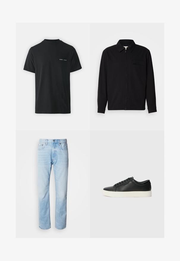 Melna garām piedurknēm krekls ar apkakles izgriezumu, priekšējo rāvējslēdzēju un krūšu kabatu. Izgatavots no teksturēta auduma ar brīvu piegriezumu.; Melnās kokvilnas T-krekls ar klasisku apaļu kaklu, īsām piedurknēm un diviem maziem baltiem "SAMSØE" logotipiem uz kreisā krūšu.; Gaiši zili denima džinsi ar taisnu kāju griezumu, ar izbalējušām sekcijām, piecu kabatu dizainu un klasisko pogu aizdari.; Melnas ādas sporta kurpes ar perforētu tekstūru, apaļu purngalu un plakanu baltu gumijas zoli. Ar melniem šņorējumiem un smalku logo sānos.