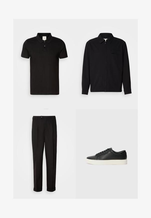 Čierna košeľa s dlhým rukávom, so golierom, predným zipsom a vreckom na hrudi. Vyrobená z textúrovanej tkaniny s voľným strihom.; Čierna polo košeľa vyrobená z hladkej tkaniny s klasickým golierom. Obsahuje dve gombíky pri krku, krátke rukávy a diskrétne logo na hrudníku.; Čierne nohavice s hladkým povrchom, rovného strihu, s dvoma prednými vreckami a jedným gombíkom na uzatvorenie v páse.; Čierne kožené tenisky s perforovanou textúrou, okrúlym špičkou a plochou bielou gumovou podrážkou. Obsahujú čierne šnúrky a diskrétny logo na boku.