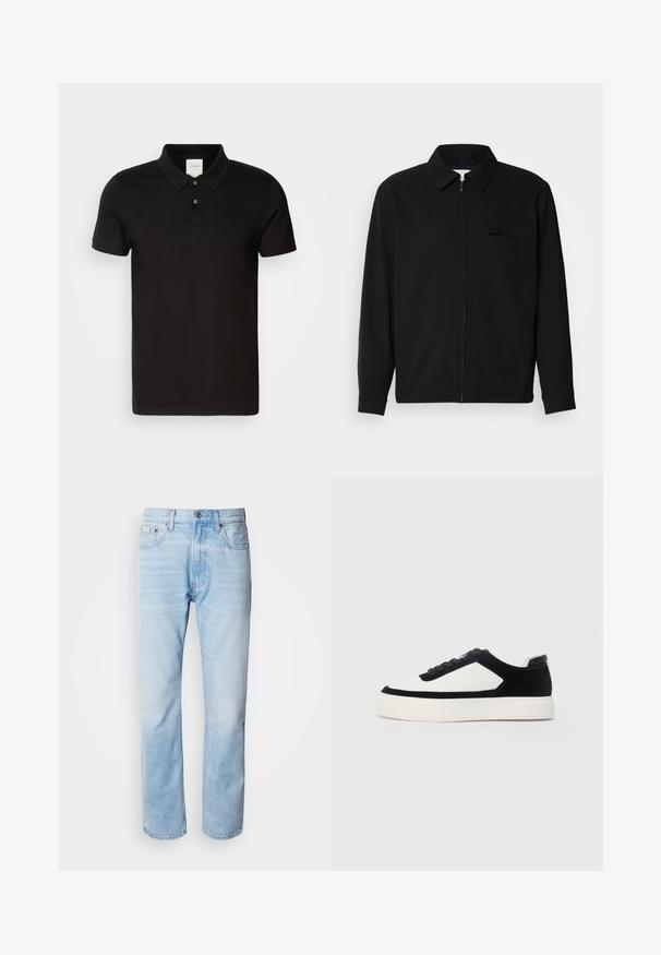 Čierna košeľa s dlhým rukávom, so golierom, predným zipsom a vreckom na hrudi. Vyrobená z textúrovanej tkaniny s voľným strihom.; Čierna polo košeľa vyrobená z hladkej tkaniny s klasickým golierom. Obsahuje dve gombíky pri krku, krátke rukávy a diskrétne logo na hrudníku.; Svetlomodré džínsy s rovnými nohavicami, s vybledlými časťami, dizajnom s piatimi vreckami a klasickým zapínaním na gombíky.; Nízkoprofilová športová obuv s čiernym semišom a bielymi koženými panelmi, čiernymi šnúrkami a hrubou bielou gumovou podrážkou, zobrazená z vonkajšej strany.