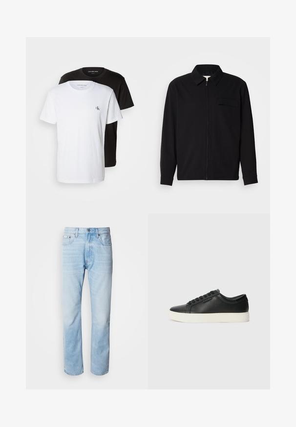 Melna garām piedurknēm krekls ar apkakles izgriezumu, priekšējo rāvējslēdzēju un krūšu kabatu. Izgatavots no teksturēta auduma ar brīvu piegriezumu.; Divi kreklu ar apaļu kakla izgriezumu, viens balts un otrs melns, izgatavoti no kokvilnas. Katrs no tiem ir ar mazu CK logotipu kreisajā krūtī, īsām piedurknēm un regulāru piegriezumu.; Gaiši zili denima džinsi ar taisnu kāju griezumu, ar izbalējušām sekcijām, piecu kabatu dizainu un klasisko pogu aizdari.; Melnas ādas sporta kurpes ar perforētu tekstūru, apaļu purngalu un plakanu baltu gumijas zoli. Ar melniem šņorējumiem un smalku logo sānos.