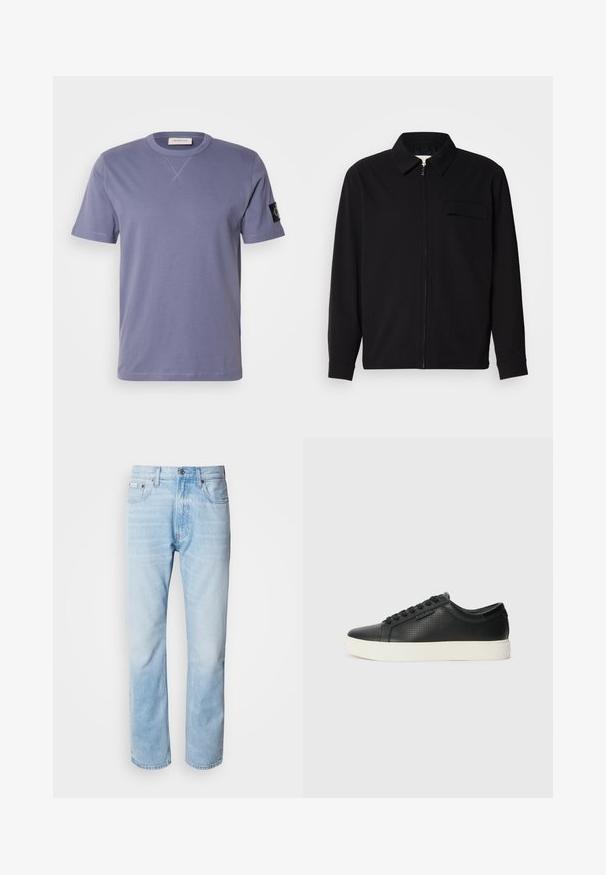 Camisa negra de manga larga que presenta un cuello con solapa, cierre frontal con cremallera y un bolsillo en el pecho. Fabricada con una tela texturizada y un corte holgado.; Camiseta de manga corta y cuello redondo en algodón lavanda, con un pequeño parche negro del logo en la manga izquierda y costuras en contraste.; Vaqueros de mezclilla azul claro con corte recto, con secciones desgastadas, diseño de cinco bolsillos y cierre de botones clásico.; Zapatillas de cuero negro con textura perforada, puntera redonda y suela plana de goma blanca. Presenta cordones negros y un logo sutil en el costado.