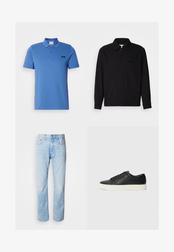 Fekete, hosszú ujjú póló, gallérral, elülső cipzárral és mellzsebbel. Texturált anyagból készült, laza szabású.; Kék pamut pólóing, gallérral, két gombbal, rövid ujjakkal és fekete logós jelvénnyel a bal oldalon. Simább, textúrált anyag.; Világoskék farmernadrág egyenes fazonnal, kopott részletekkel, öt zsebes kialakítással és klasszikus gombos zipzárral.; Fekete bőr sportcipők perforált textúrával, kerek orral és lapos fehér gumi talppal. Fekete fűzőkkel és diszkrét logóval az oldalon.