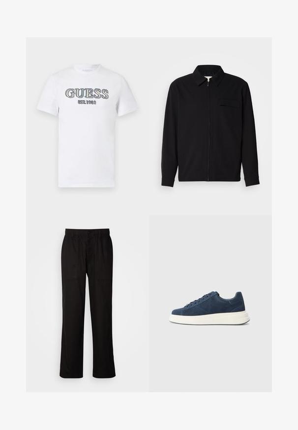 Juodas ilgomis rankovėmis marškinis, turintis apykaklės iškirptę, priekinį užtrauktuką ir krūtinės kišenę. Pagamintas iš tekstūruoto audinio, turinčio laisvą kirpimą.; Balta trumpomis rankovėmis marškinėliai, pagaminti iš medvilnės, su spalvotu siuvinėtų "GUESS" logotipu ir "EST. 1981" tekstu priekyje.; Juodos kelnės su laisvu siluetu, pagamintos iš lengvos medžiagos. Yra elastingas juosmuo, mygtuko užsegimas ir dvi priekinės kišenės.; Jūrų mėlynumo sušvelninto zomšo kedai su balta guma padsole, turintys šešis akių skylutes, tekstūruotą pamušalą ir minimalistinį dizainą su subtiliomis siuvimo detalėmis.