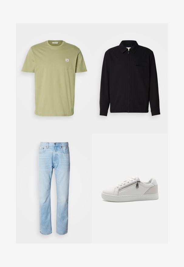 Juodas ilgomis rankovėmis marškinis, turintis apykaklės iškirptę, priekinį užtrauktuką ir krūtinės kišenę. Pagamintas iš tekstūruoto audinio, turinčio laisvą kirpimą.; Alyvuogių žalios spalvos trumpomis rankovėmis marškinėliai, pagaminti iš glotnaus medvilnės. Ant kairiojo krūtinės kampo yra mažas stačiakampis logotipas. Klasikinio apvalaus kaklo dizainas.; Šviesiai mėlyni džinsai su tiesiomis kojomis, puošti išblukusių vietų, penkių kišenių dizainu ir klasikiniu mygtukų užsegimu.; Balti sportiniai batai su lygia oda, kontrastingais kreminės spalvos zomšiniais akcentais kulne ir užtrauktuko detale šone.