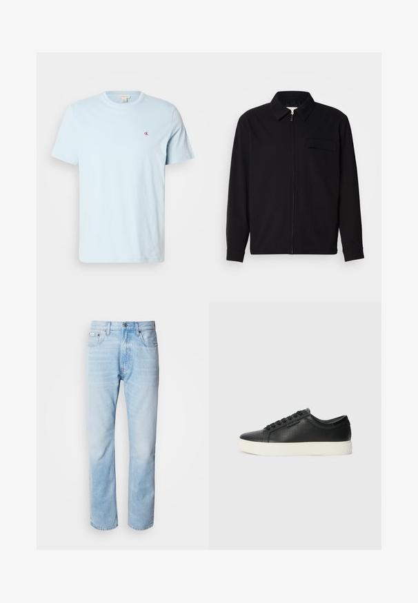 Černá dlouhá rukávová košile s límečkem, předním zipovým uzávěrem a kapsou na hrudi. Vyrobená z texturované tkaniny s uvolněným střihem.; Světle modré bavlněné tričko s krátkými rukávy, kulatým výstřihem a malým červeným logem na hrudi. Hladká textura, ležérní design.; Světle modré džíny s rovnou nohavicí, s vybledlými částmi, pěti kapsami a klasickým zapínáním na knoflík.; Černé kožené tenisky s perforovanou texturou, kulatou špičkou a plochou bílou gumovou podrážkou. Mají černé tkaničky a jemné logo na boční straně.