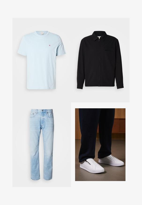 Fekete, hosszú ujjú póló, gallérral, elülső cipzárral és mellzsebbel. Texturált anyagból készült, laza szabású.; Világoskék pamut póló rövid ujjakkal, kerek nyakkivágással és egy kis piros logóval a mellrészen. Sima textúra, hétköznapi dizájn.; Világoskék farmernadrág egyenes fazonnal, kopott részletekkel, öt zsebes kialakítással és klasszikus gombos zipzárral.; Fehér sneakers, sima bőr felülettel, lapos talppal és fűzős dizájnnal. Oldalsó cipzár részlet a funkcionalitás érdekében. Sötét jogging nadrággal párosítva.