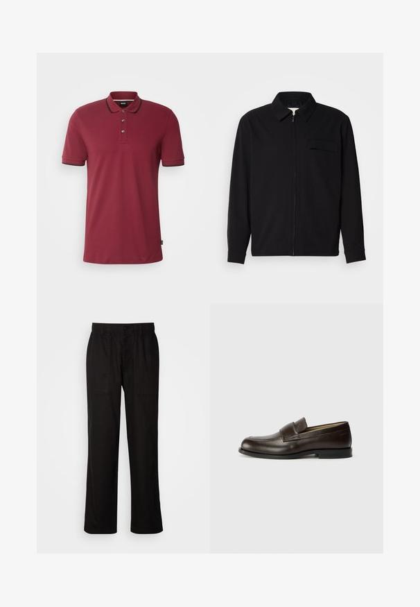 Černá dlouhá rukávová košile s límečkem, předním zipovým uzávěrem a kapsou na hrudi. Vyrobená z texturované tkaniny s uvolněným střihem.; Burgundské polo tričko s slim fit, krátkými rukávy, tříknoflíkovým zapínáním a kontrastním límečkem a lemováním rukávů. Discretni akcent loga.; Černé kalhoty s uvolněným střihem, vyrobené z lehké tkaniny. Mají elastický pas, knoflíkový uzávěr a dvě přední kapsy.; Calvin Klein Polobotky - cocoa brown
