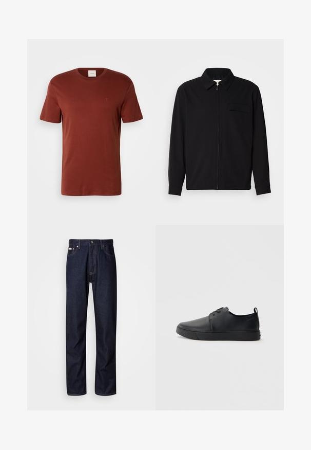 Čierna košeľa s dlhým rukávom, so golierom, predným zipsom a vreckom na hrudi. Vyrobená z textúrovanej tkaniny s voľným strihom.; Hrdzavohnedé tričko s krátkymi rukávmi vyrobené z jemnej bavlny, s okrúhlym výstrihom a malým logom na hrudi. Hladká textúra.; Tmavomodré jeans z denimu so strihom s rovnými nohavicami, obsahujúce zapínanie na gombíky, päť vreciek a kontrastné stehy.; Čierne kožené tenisky s hladkým povrchom, zaoblenou špičkou, tonálnym šitím, šnurovaním vpredu a plochou gumovou podrážkou. Obojok na päte.