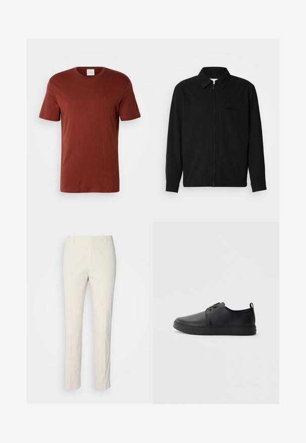 Juodas ilgomis rankovėmis marškinis, turintis apykaklės iškirptę, priekinį užtrauktuką ir krūtinės kišenę. Pagamintas iš tekstūruoto audinio, turinčio laisvą kirpimą.; Rūdžių spalvos trumpomis rankovėmis marškinėliai, pagaminti iš minkštos medvilnės, su apvaliu kaklu ir mažu logotipu ant krūtinės. Glotni tekstūra.; Kreminės spalvos pritaikytos kelnės su tekstūruotu audiniu. Pasižymi tiesiomis kojomis, dirželių kilpomis ir dviem priekinėmis kišenėmis. Be raštų.; Juodos odinės sportinės bateliai su lygiu paviršium, suapvalinta nosimi, toniniais siūlais, raištelių užsegimu priekyje ir plokščiu guminiu padu. Kilpelė ant kulno.