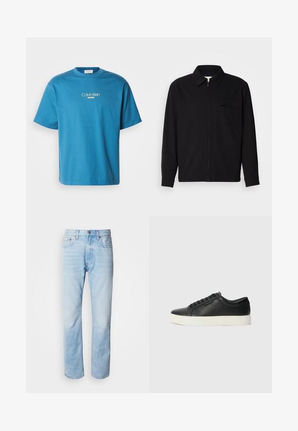 Musta pitkähihaine paita, jossa on kauluksellinen kaulus, edessä vetoketju ja rintatasku. Valmistettu teksturoidusta kankaasta, jossa on rento istuvuus.; Sininen puuvillapaita, jossa on pyöreä pääntie ja lyhyet hihat, ja rinnassa keltaisella brodeerattu "Calvin Klein JEANS" -logo.; Vaaleansiniset farkut suoranlahkeisella leikkauksella, joissa on haalistuneita kohtia, viisi taskua ja klassinen nappisuljenta.; Mustat nahkasneakersit rei'itetyllä pinnalla, pyöreällä varvalla ja litteällä valkoisella kumipohjalla. Varustettu mustilla nauhoilla ja hienovaraisella logolla sivussa.