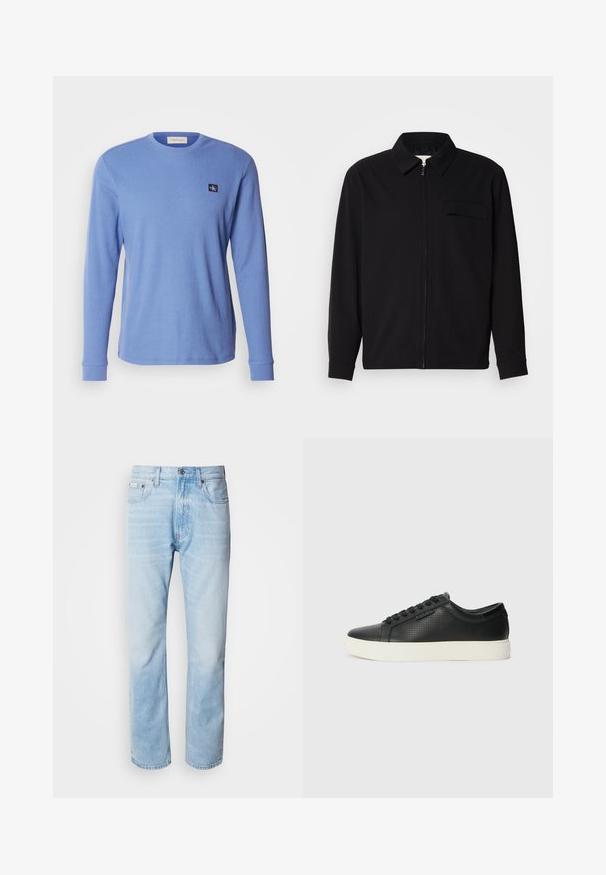 Fekete, hosszú ujjú póló, gallérral, elülső cipzárral és mellzsebbel. Texturált anyagból készült, laza szabású.; Hosszú ujjú kék bordázott póló, amely pamutból készült, kerek nyakkivágással és egy kis logóval a bal felső mellrészen.; Világoskék farmernadrág egyenes fazonnal, kopott részletekkel, öt zsebes kialakítással és klasszikus gombos zipzárral.; Fekete bőr sportcipők perforált textúrával, kerek orral és lapos fehér gumi talppal. Fekete fűzőkkel és diszkrét logóval az oldalon.