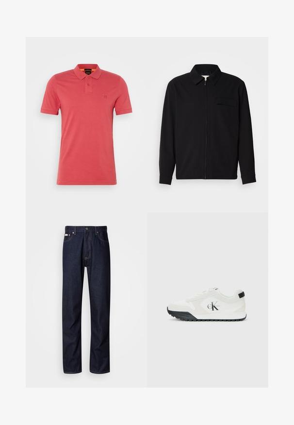 Čierna košeľa s dlhým rukávom, so golierom, predným zipsom a vreckom na hrudi. Vyrobená z textúrovanej tkaniny s voľným strihom.; Červené bavlnené polo tričko s golierom, dvomi gombíkmi, krátkymi rukávmi a malým logom na hrudi. Hladký povrch a neformálny dizajn.; Tmavomodré jeans z denimu so strihom s rovnými nohavicami, obsahujúce zapínanie na gombíky, päť vreciek a kontrastné stehy.; Biele tenisky Calvin Klein s čiernou podrážkou, semišovými a sieťovinovými panelmi, logo CK na boku a značkovanie Calvin Klein na päte a podrážke.