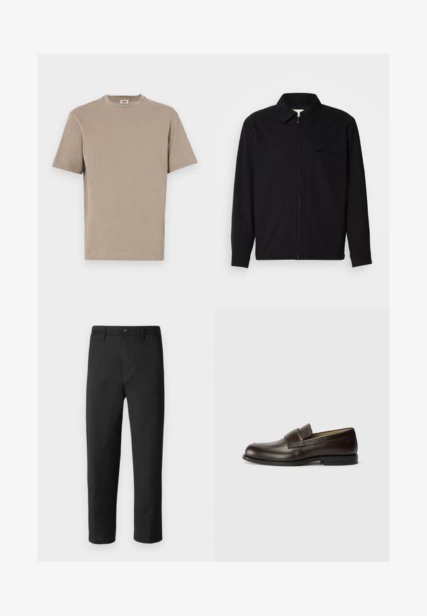 Černá dlouhá rukávová košile s límečkem, předním zipovým uzávěrem a kapsou na hrudi. Vyrobená z texturované tkaniny s uvolněným střihem.; Béžové bavlněné tričko s kulatým výstřihem, krátkým rukávem a rovnym lemem. Hladká textura, minimalistický design, žádné viditelné grafiky nebo akcenty.; Černé kalhoty rovného střihu, vyrobené z hladkého materiálu. Mají zapínání na knoflík a poutka na opasek. Bez viditelných vzorů nebo akcentů.; Calvin Klein Polobotky - cocoa brown