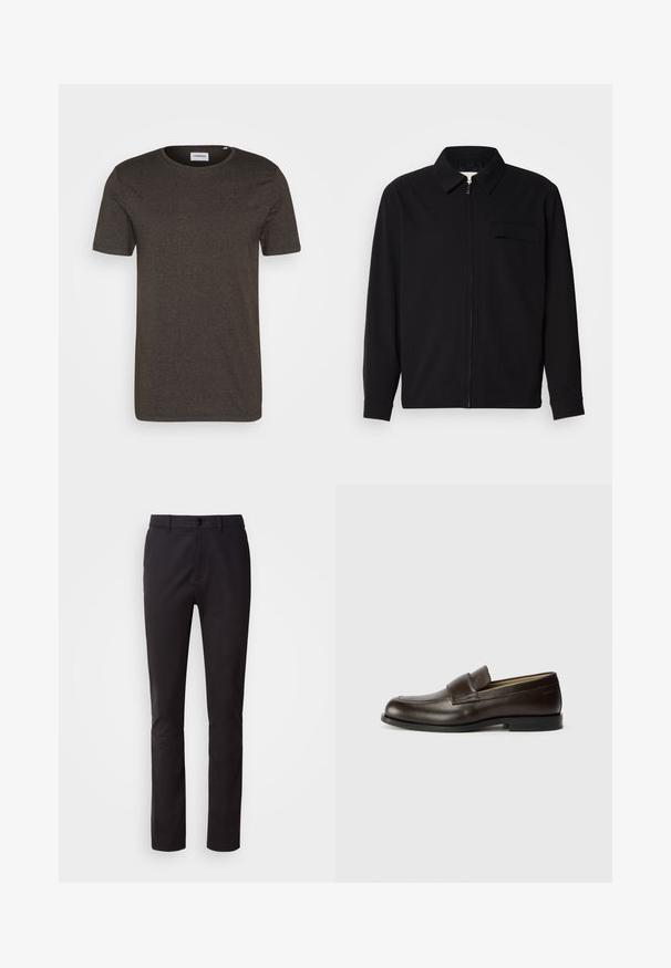 Fekete, hosszú ujjú póló, gallérral, elülső cipzárral és mellzsebbel. Texturált anyagból készült, laza szabású.; Sötétzöld, rövid ujjú póló, kerek nyakkivágással, sima textúrával, minták vagy kiegészítők nélkül, egyszerű dizájn, alkalmas hétköznapi viseletre.; Fekete nadrág sima anyagból, gombos záródással, normál derékkal és egyenes szabású lábszárral. Nincsenek látható minták vagy díszítések.; Calvin Klein Belebújós cipők - cocoa brown
