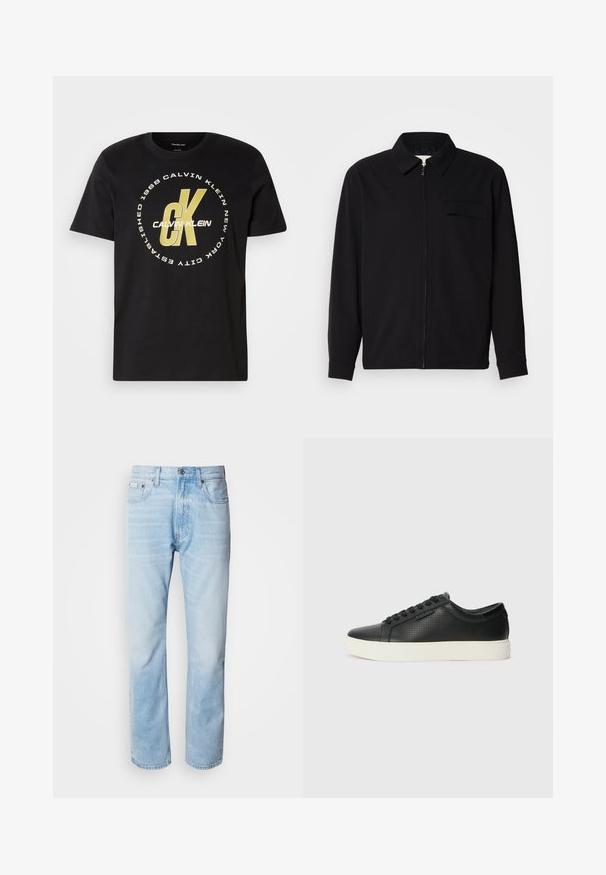 Juodas ilgomis rankovėmis marškinis, turintis apykaklės iškirptę, priekinį užtrauktuką ir krūtinės kišenę. Pagamintas iš tekstūruoto audinio, turinčio laisvą kirpimą.; Juodas medvilninės marškinėlių su trumpomis rankovėmis, apvaliu kaklu ir dideliu baltu bei auksiniu logotipu, kuriame yra "Calvin Klein" ir "CK."; Šviesiai mėlyni džinsai su tiesiomis kojomis, puošti išblukusių vietų, penkių kišenių dizainu ir klasikiniu mygtukų užsegimu.; Juodi odiniai sportbačiai su perforuotu paviršiumi, apvaliu pirštu ir plokščiu baltu guminiu padu. Yra juodos raišteliai ir subtili logotipo detalė šone.