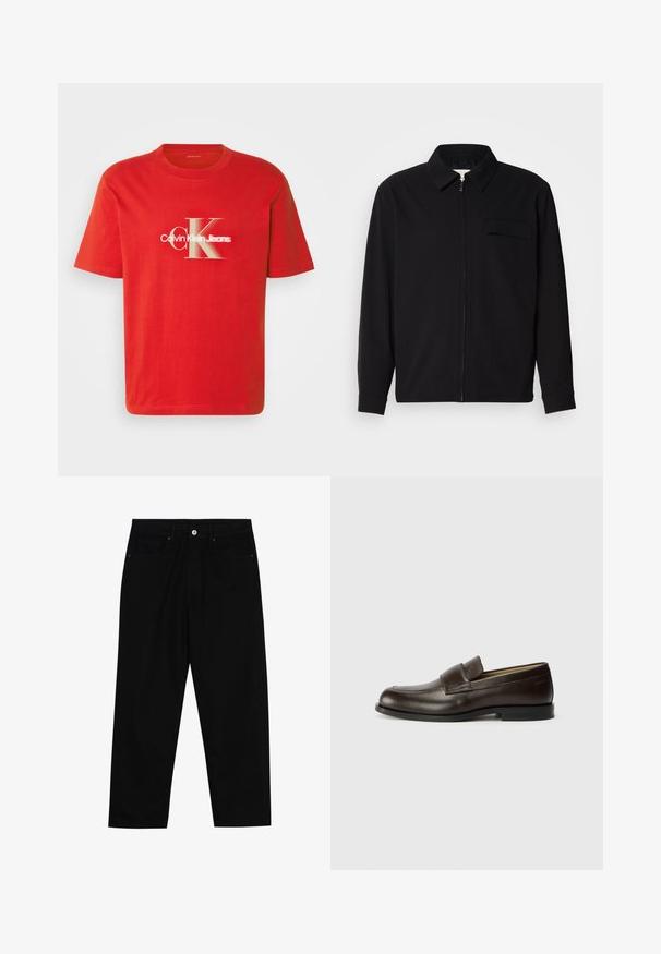 Melna garām piedurknēm krekls ar apkakles izgriezumu, priekšējo rāvējslēdzēju un krūšu kabatu. Izgatavots no teksturēta auduma ar brīvu piegriezumu.; Sarkana kokvilnas T-krekls ar lielu baltu grafisko logo, kas lasāms "Calvin Klein Jeans" ar stilizētu "CK". Īsas piedurknes un apaļa kakla izgriezuma forma.; Melni džinsi ar taisnu kāju griezumu, piecu kabatu dizainu un priekšēju pogu aizdari. Gluda tekstūra ar minimālu šuvju detaļu skaitu.; Calvin Klein Čības - cocoa brown