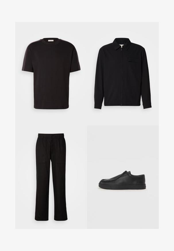Melna garām piedurknēm krekls ar apkakles izgriezumu, priekšējo rāvējslēdzēju un krūšu kabatu. Izgatavots no teksturēta auduma ar brīvu piegriezumu.; Melna īsām piedurknēm T-kreklā izgatavota no mīkstas kokvilnas. Tam ir apaļš kakla izgriezums un kontrastējoši plecu akcenti ar smalku zīmola logo uz piedurknes.; Melnas bikses ar brīvu piegriezumu, izgatavotas no viegla auduma. Tām ir elastīga jostasvieta, pogu aizdare un divas priekšējās kabatas.; Melnas ādas slip-on kurpes ar noapaļotu purngalu, šūšanas detaļām un melnu gumijas zoli. Gluda tekstūra ar minimālistisku dizainu.